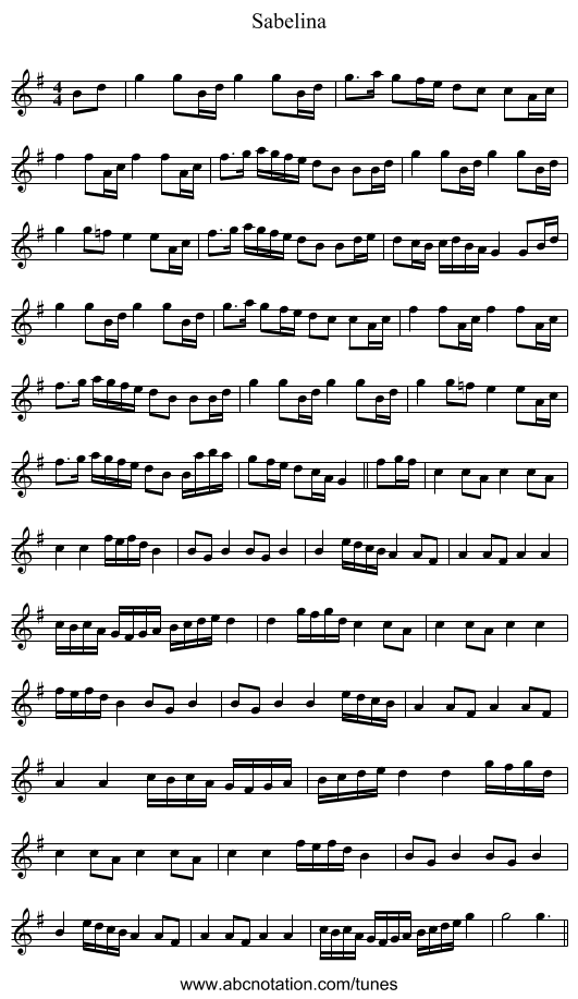 Sabelina - staff notation