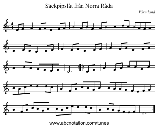 Säckpipslåt från Norra Råda - staff notation