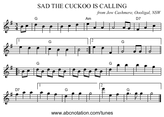 SAD THE CUCKOO IS CALLING - staff notation