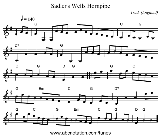 Sadler's Wells Hornpipe - staff notation