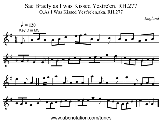 Sae Braely as I was Kissed Yestre'en. RH.277 - staff notation