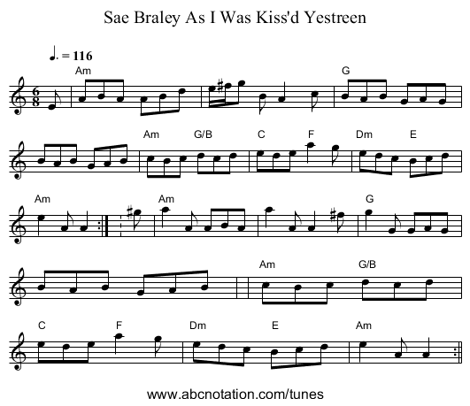 Sae Braley As I Was Kiss'd Yestreen - staff notation