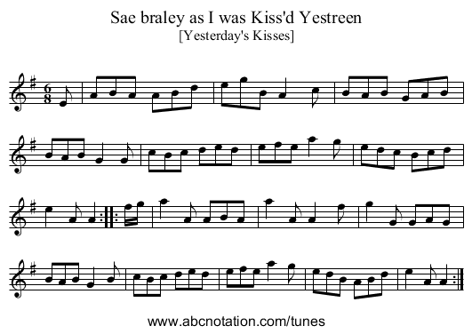 Sae braley as I was Kiss'd Yestreen - staff notation