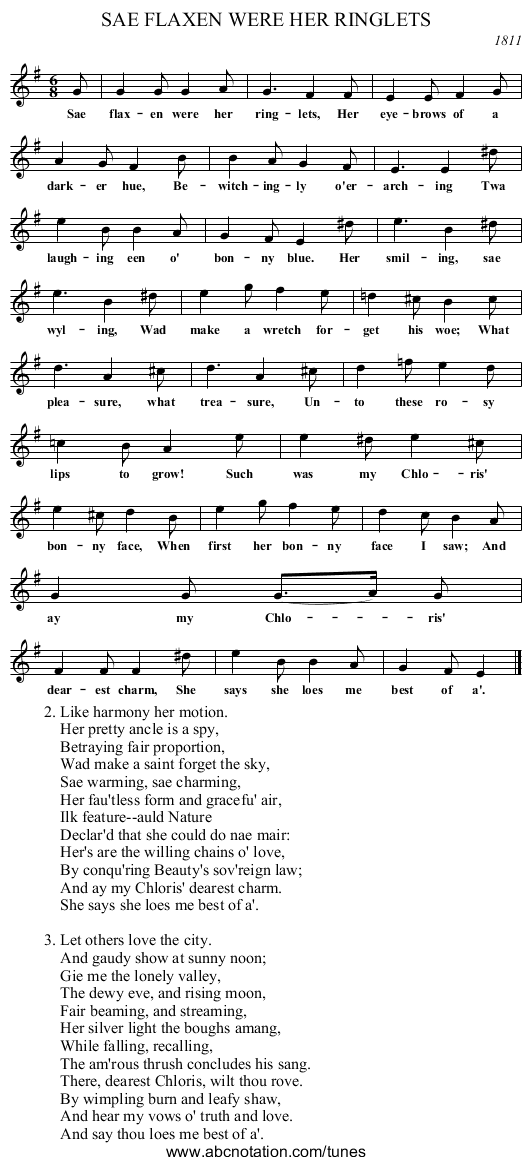 SAE FLAXEN WERE HER RINGLETS - staff notation