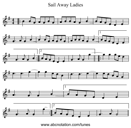 Sail Away Ladies - staff notation