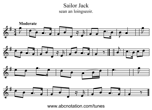 Sailor Jack - staff notation