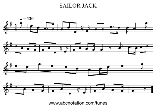 SAILOR JACK - staff notation