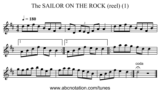 SAILOR ON THE ROCK (reel) (1), The - staff notation