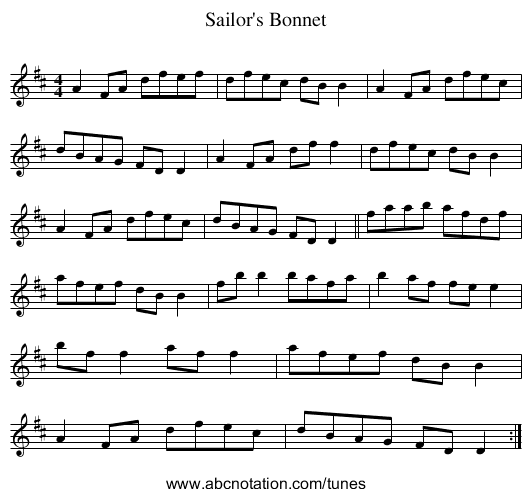 Sailor's Bonnet - staff notation