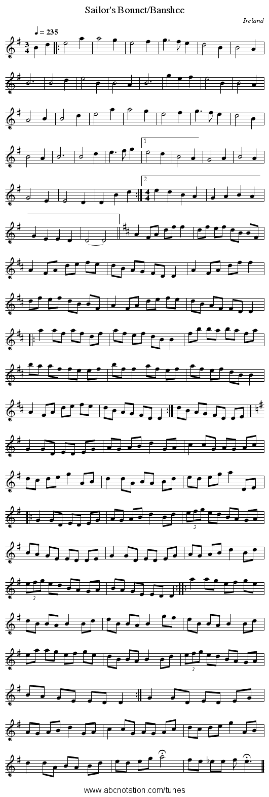 Sailor's Bonnet/Banshee - staff notation