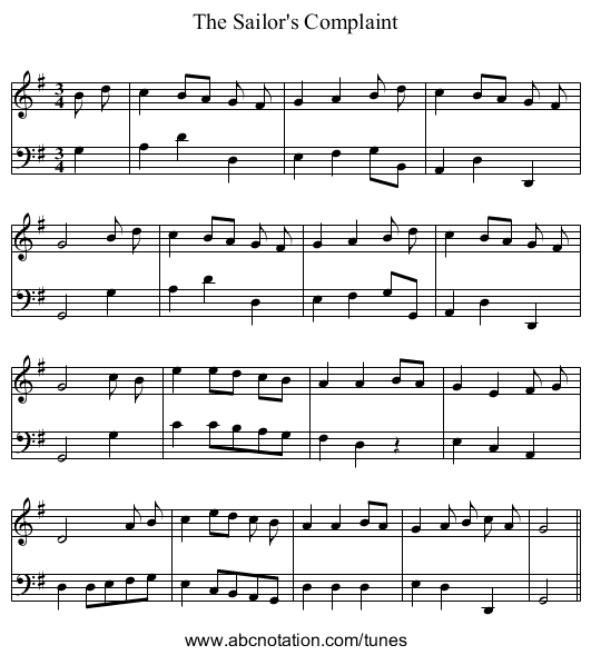 Sailor's Complaint, The - staff notation