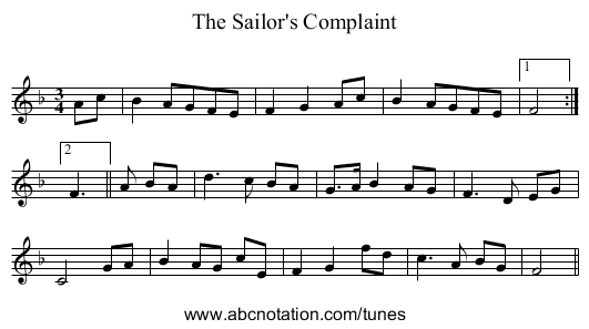 Sailor's Complaint, The - staff notation