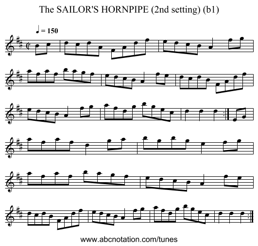 SAILOR'S HORNPIPE (2nd setting) (b1), The - staff notation