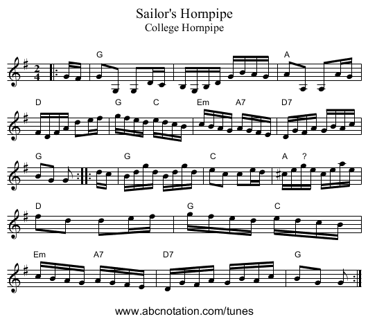 Sailor's Hornpipe - staff notation