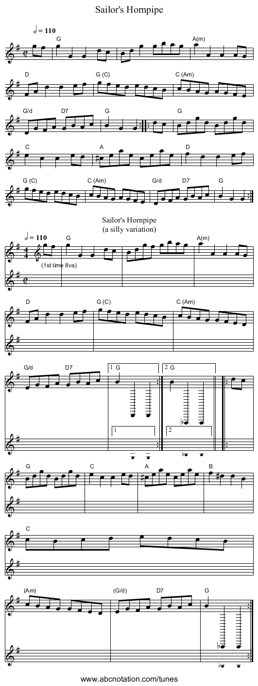 Sailor's Hornpipe - staff notation