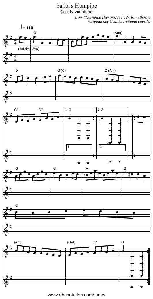 Sailor's Hornpipe - staff notation