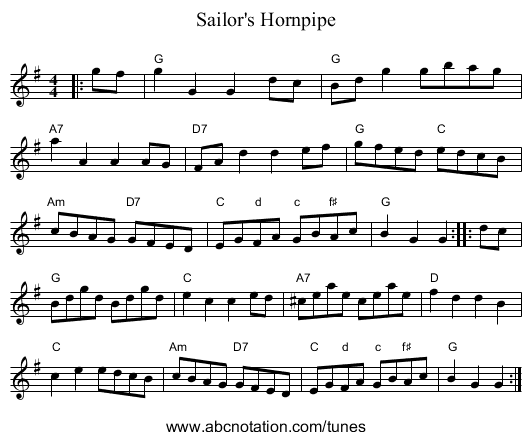Sailor's Hornpipe - staff notation