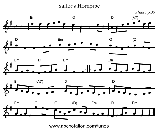 Sailor's Hornpipe - staff notation