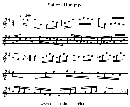 Sailor's Hornpipe - staff notation