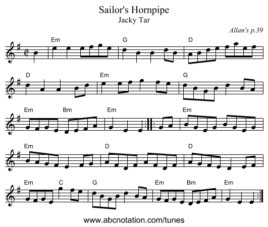 Sailor's Hornpipe - staff notation