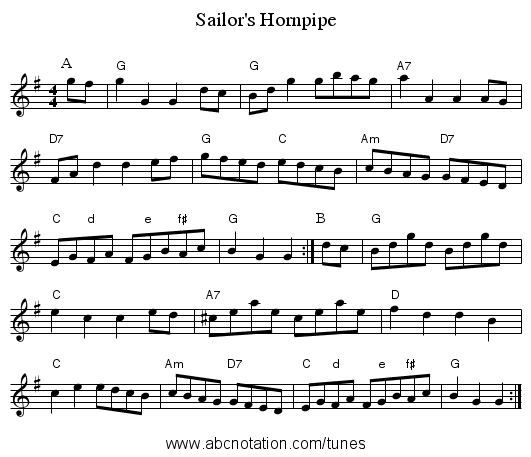 Sailor's Hornpipe - staff notation