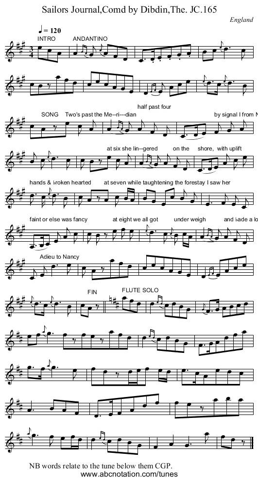 Sailors Journal,Comd by Dibdin,The. JC.165 - staff notation