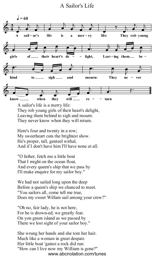 Sailor's Life, A - staff notation