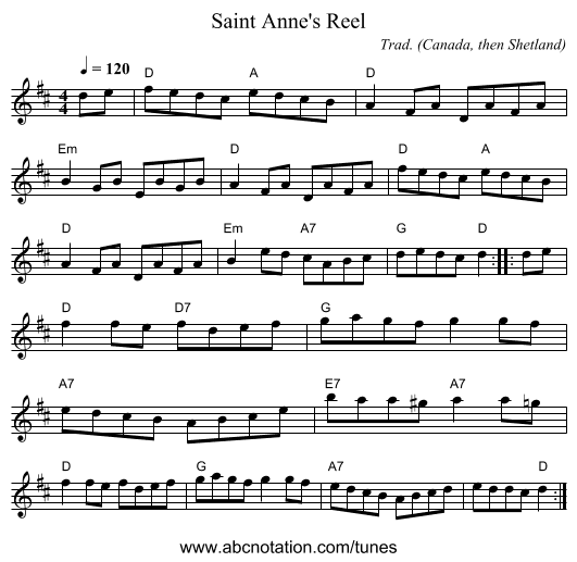 Saint Anne's Reel - staff notation