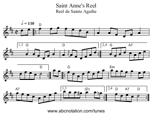 Saint Anne's Reel - staff notation