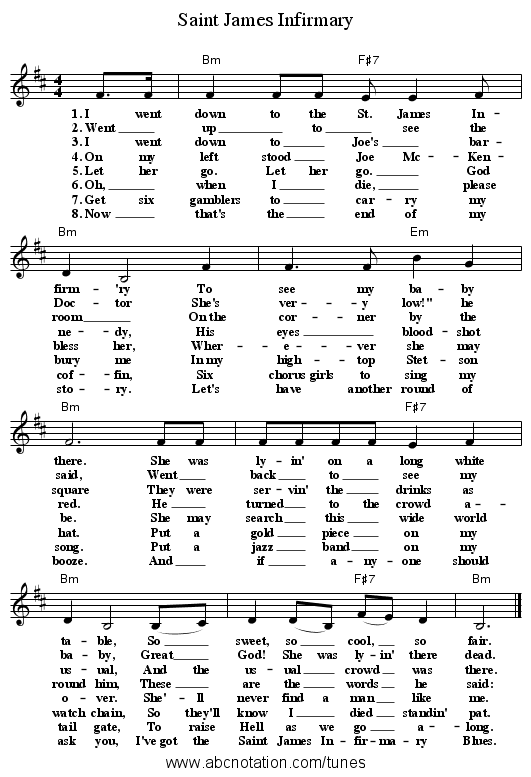 Saint James Infirmary - staff notation