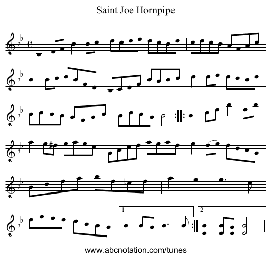 Saint Joe Hornpipe - staff notation