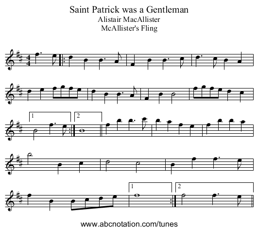 Saint Patrick was a Gentleman - staff notation