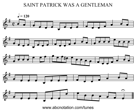 SAINT PATRICK WAS A GENTLEMAN - staff notation