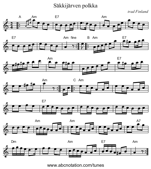 S&auml;kkij&auml;rven polkka - staff notation