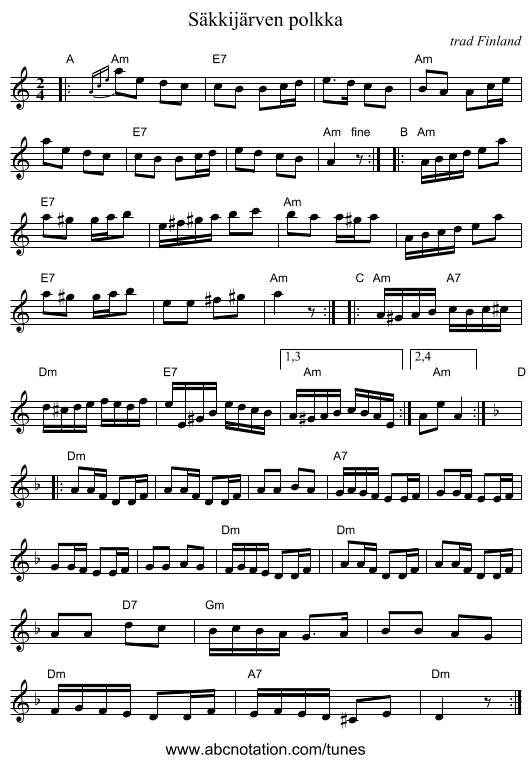 S&auml;kkij&auml;rven polkka - staff notation