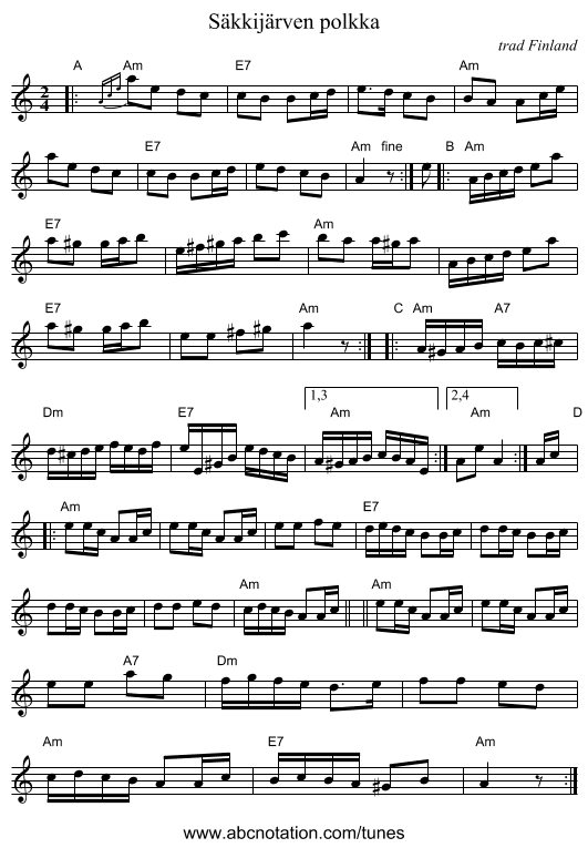 S&auml;kkij&auml;rven polkka - staff notation