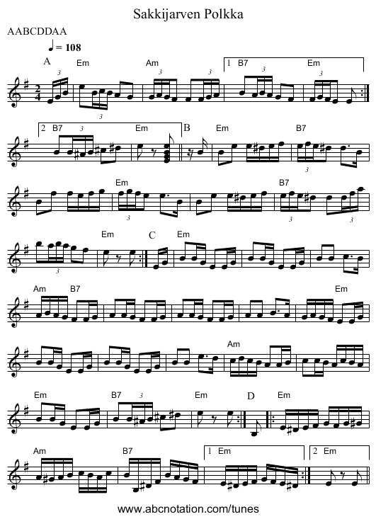 Sakkijarven Polkka - staff notation