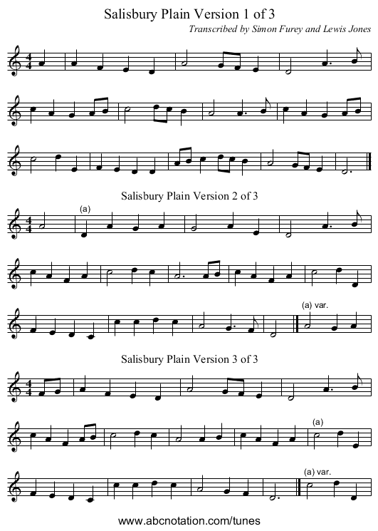 Salisbury Plain Version 1 of 3 - staff notation