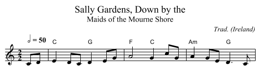 Sally Gardens, Down by the - staff notation