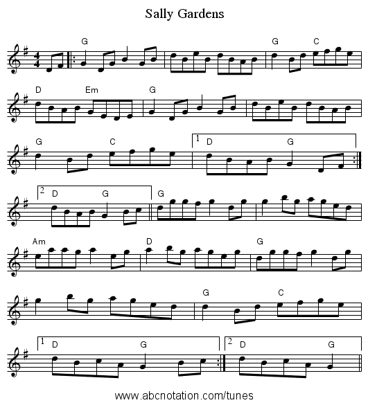 Sally Gardens - staff notation