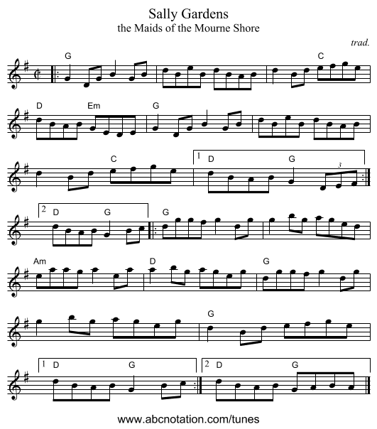 Sally Gardens - staff notation