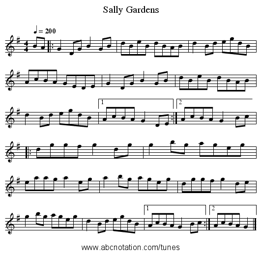Sally Gardens - staff notation