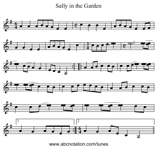 Sally in the Garden - staff notation