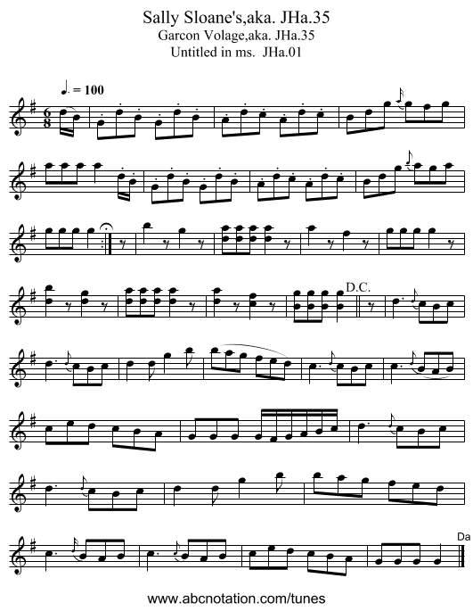 Sally Sloane's,aka. JHa.35 - staff notation