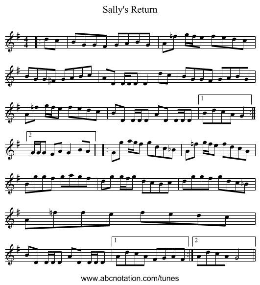 Sally's Return - staff notation
