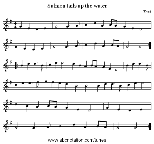 Salmon tails up the water - staff notation