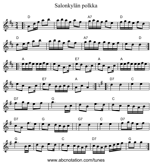 Salonkylän polkka - staff notation