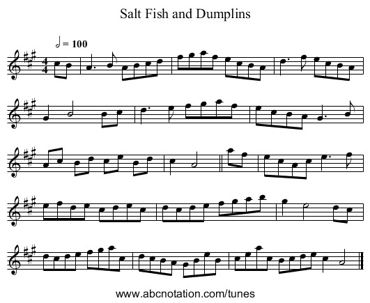 Salt Fish and Dumplins - staff notation