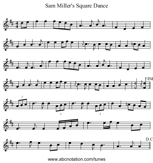 Sam Miller's Square Dance - staff notation