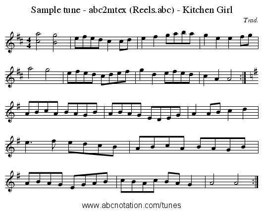 Sample tune - abc2mtex (Reels.abc) - Kitchen Girl - staff notation